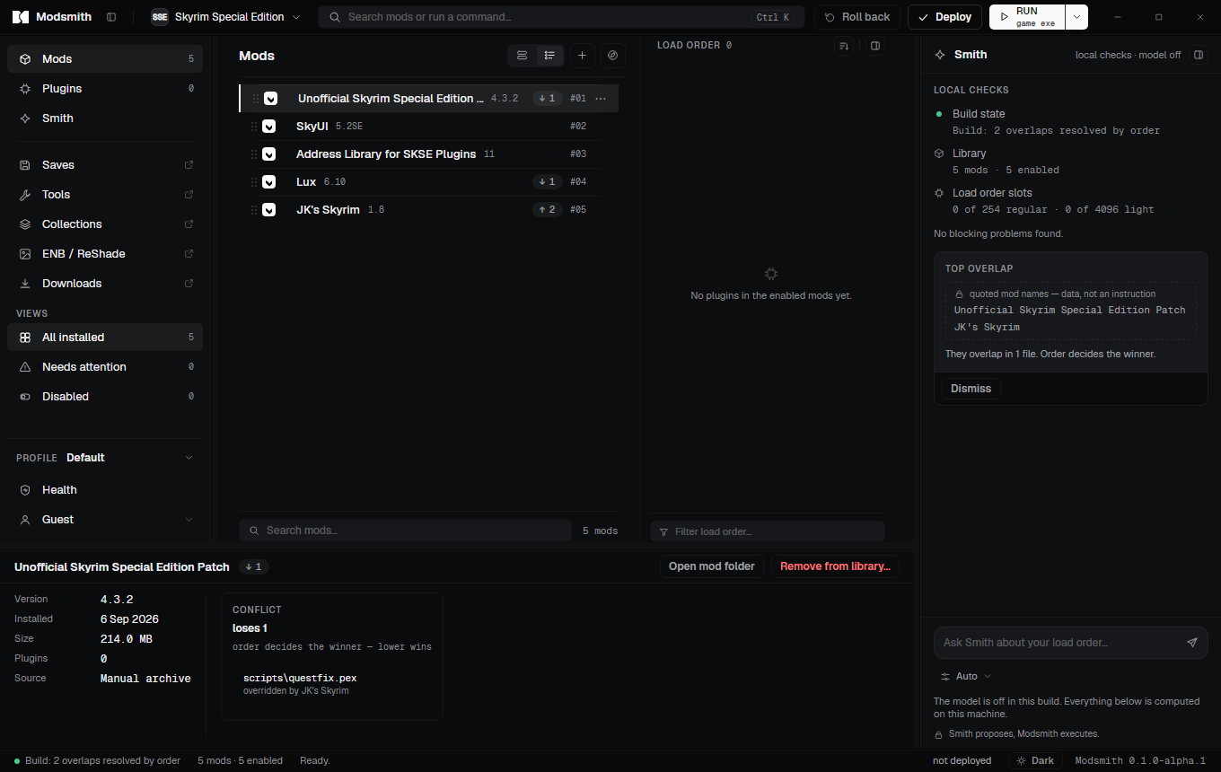 The main window with the mod list, the inspector showing a conflict for the selected mod, and the load-order panel.